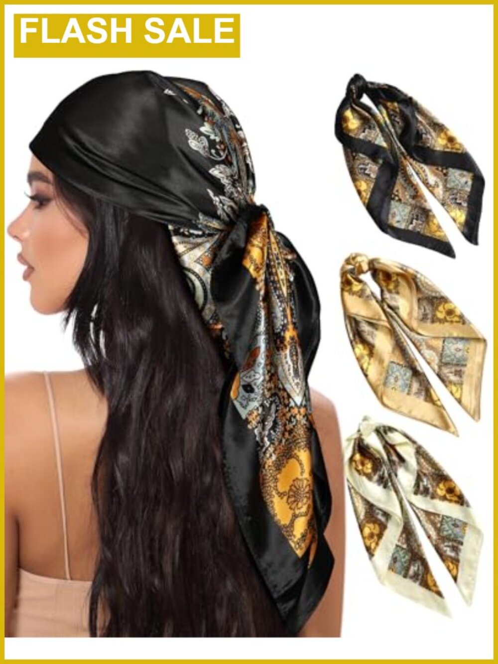 Satin Head Scarf 3 Pc 35 Inch Hair Scarf Silk Feel Bandana for Women